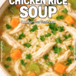 Homestyle Chicken Rice Soup in a rustic bowl with shredded chicken, rice, carrots, celery, and fresh parsley on a white marble background – FoodForYourGood.com