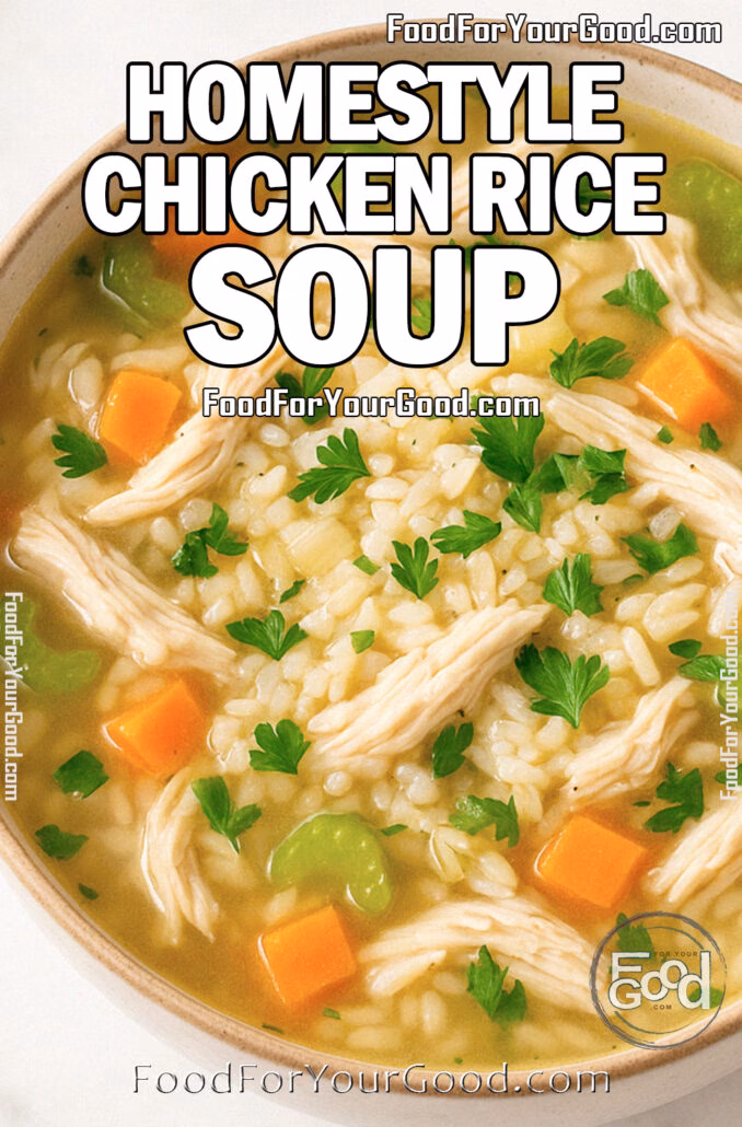 Homestyle Chicken Rice Soup Homestyle Chicken Rice Soup in a rustic bowl with shredded chicken, rice, carrots, celery, and fresh parsley on a white marble background – FoodForYourGood.com