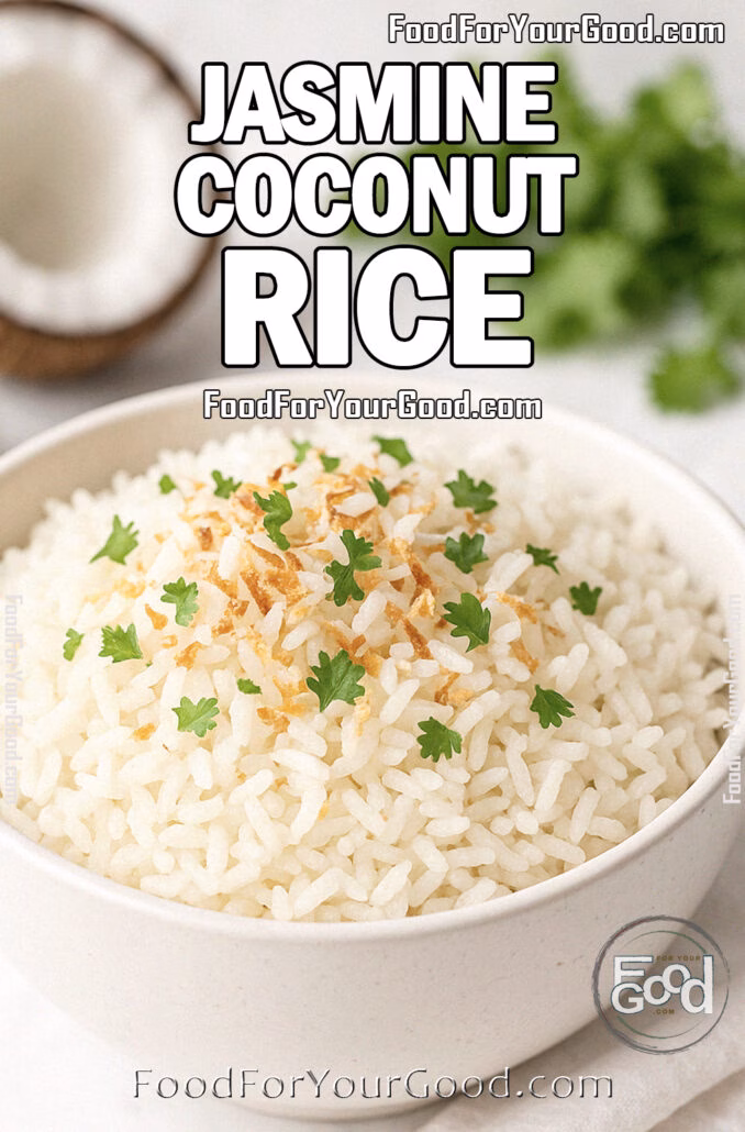 Jasmine Coconut Rice Bowl of Jasmine Coconut Rice topped with toasted coconut and cilantro on white marble with coconut in background.