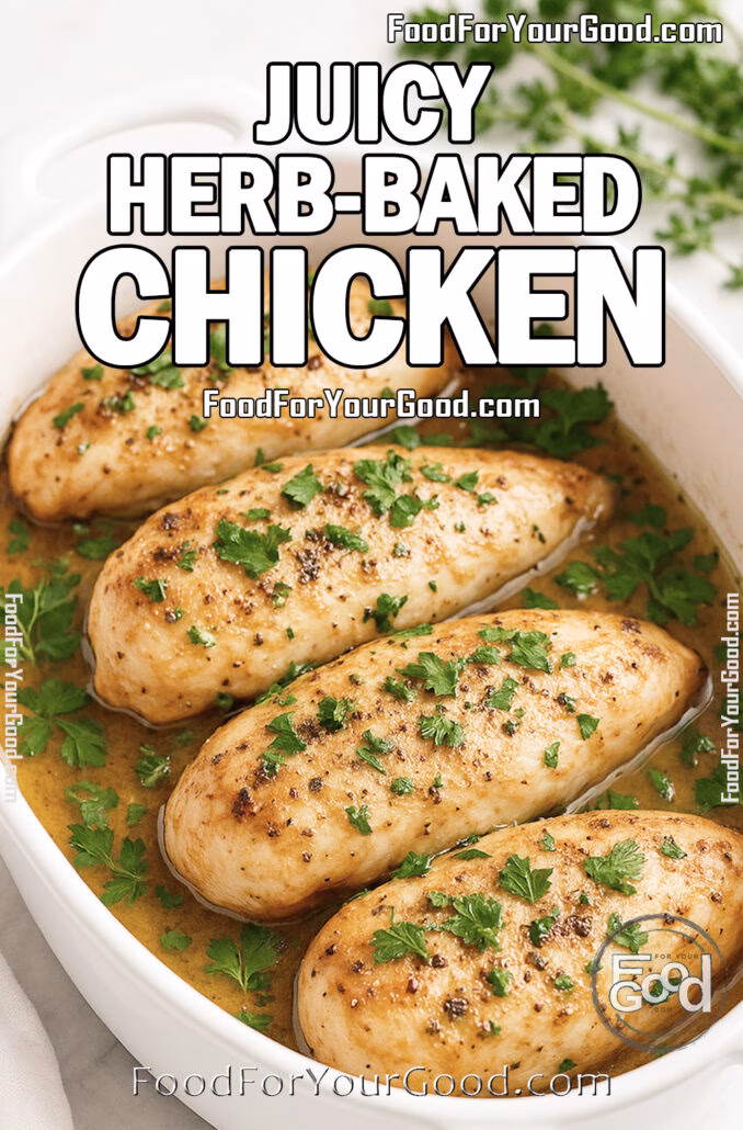 Juicy Herb-Baked Chicken in a white oval baking dish, garnished with parsley, resting in golden juices on a marble countertop with fresh herbs in the background.