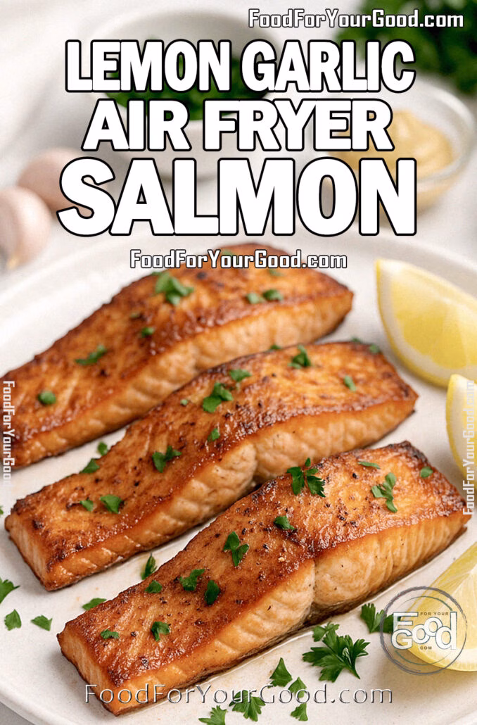 Air Fryer Salmon fillets with lemon wedges and parsley served on a white plate, styled on a marble countertop with fresh ingredients in the background.