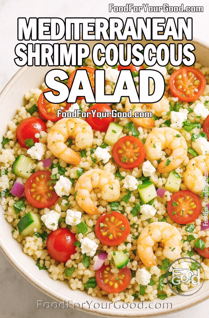 Mediterranean Shrimp Couscous Salad with feta, tomatoes, cucumber, and herbs served in a rustic bowl on marble