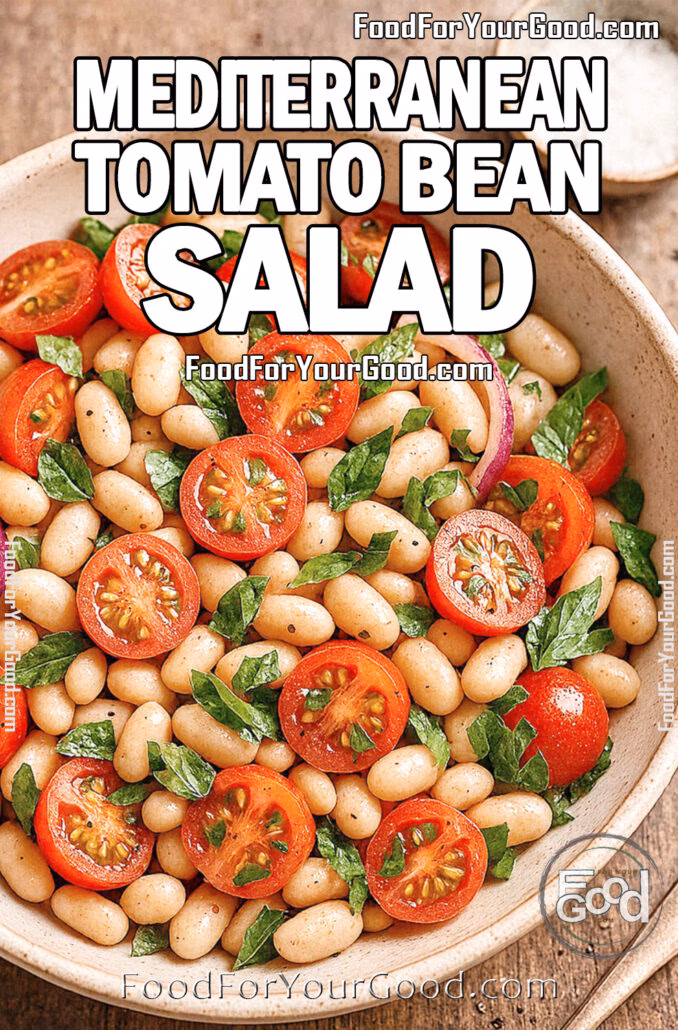 Mediterranean Tomato Bean Salad Mediterranean Tomato Bean Salad with cherry tomatoes, white beans, fresh basil, and red onion, glistening with vinaigrette in a rustic ceramic bowl.