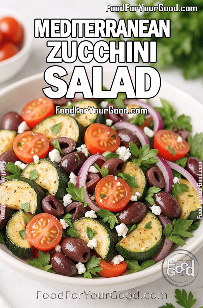 Mediterranean Zucchini Salad Mediterranean Zucchini Salad with roasted zucchini, cherry tomatoes, Kalamata olives, feta cheese, and herbs served in a white bowl on marble.