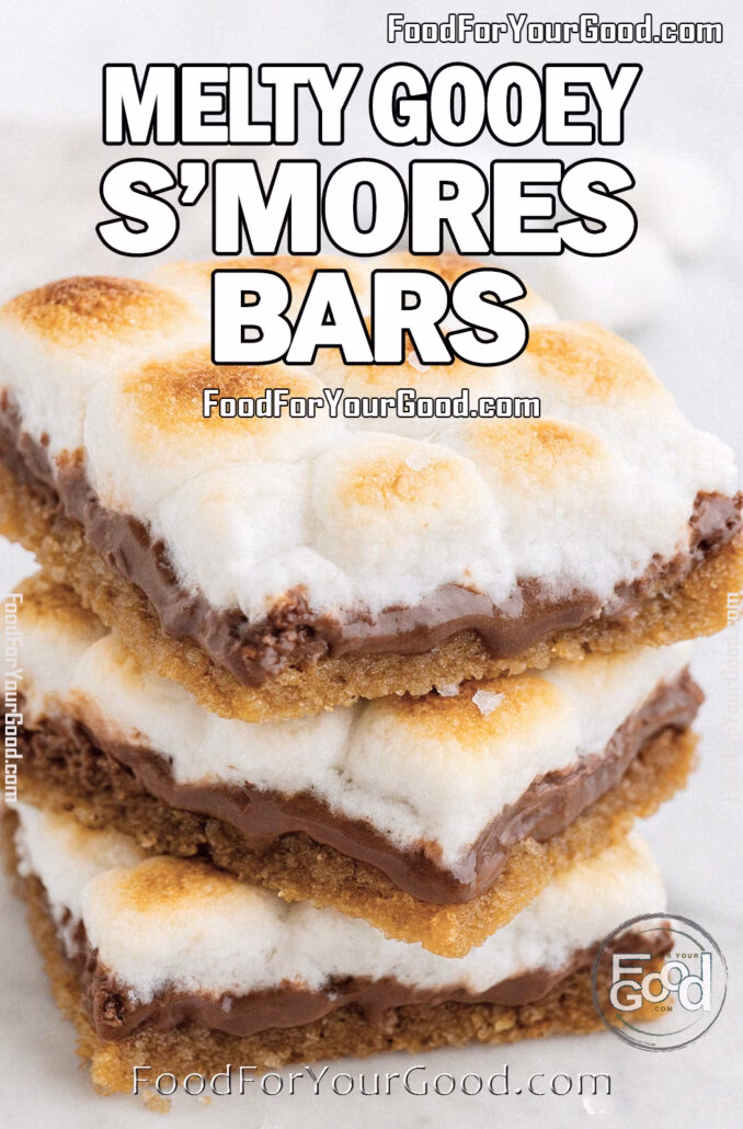 Melty Gooey S’Mores Bars Melty Gooey S’Mores Bars stacked on a white marble surface with toasted marshmallows, melted chocolate, and buttery graham cracker crust.