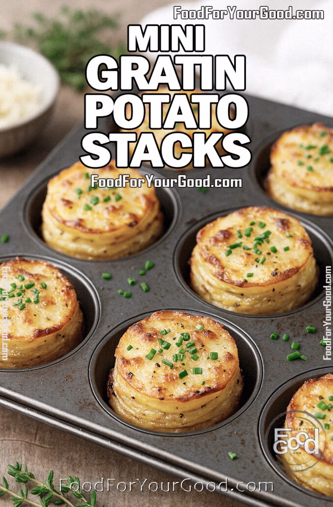 Mini Gratin Potato Stacks Mini Gratin Potato Stacks baked in a metal muffin tin, golden brown with crisp edges and sprinkled with chives, on a white marble countertop.