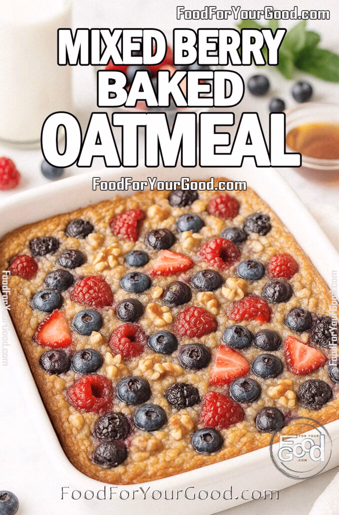 Mixed Berry Baked Oatmeal in a white dish with blueberries, raspberries, and strawberries on marble countertop.