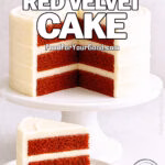 Naturally Red Velvet Cake with cream cheese frosting on white cake stand and plate