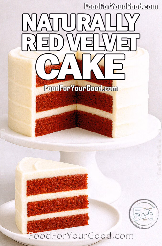 Naturally Red Velvet Cake with cream cheese frosting on white cake stand and plate