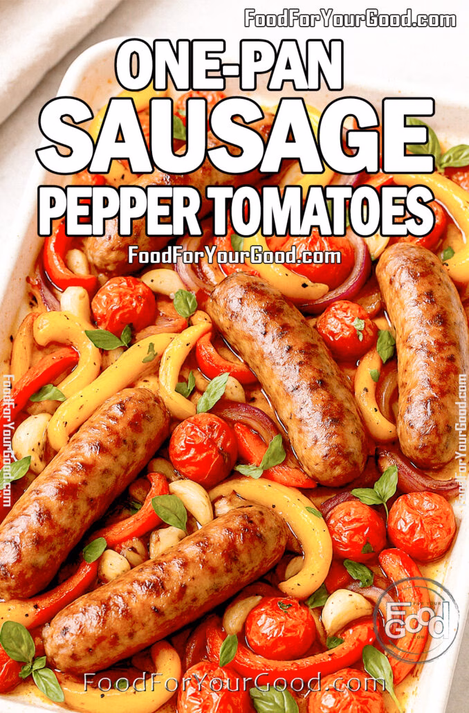 One-Pan Sausage Pepper Tomatoes dinner with roasted vegetables on FoodForYourGood.com