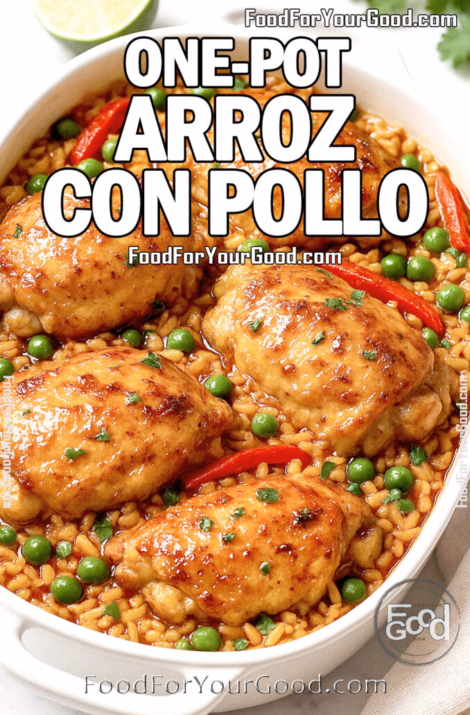 One-Pot Arroz con Pollo in a white dish on marble: golden, butter-glossed chicken thighs over yellow rice with peas, red pepper, cilantro, and lime wedges.