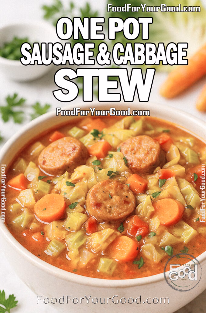 One Pot Sausage & Cabbage Stew in a white ceramic bowl on marble counter, filled with sausage, cabbage, carrots, and tomatoes, with fresh vegetables in background.