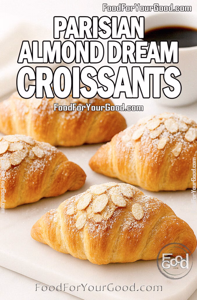 Parisian Almond Dream Croissants Parisian Almond Dream Croissants on a white marble board, golden and flaky, coated with a generous layer of toasted almond slices and powdered sugar, with a white coffee cup and towel in the blurred background.