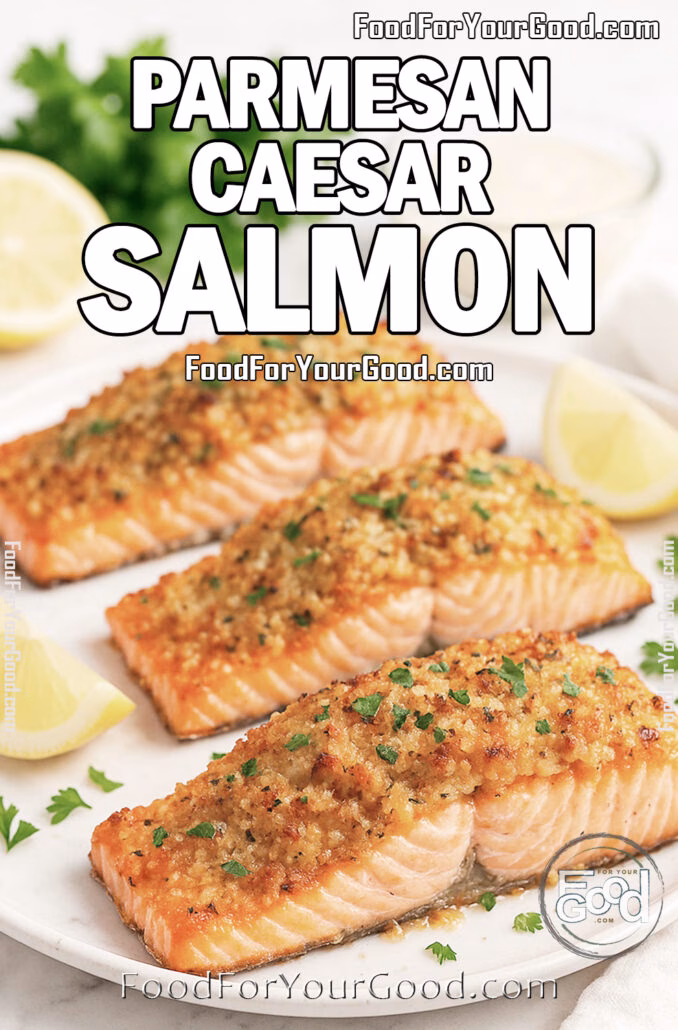 Parmesan Caesar Salmon served on a white plate with a crispy golden crust, garnished with parsley and lemon wedges, on a white marble background with Caesar dressing in the background.