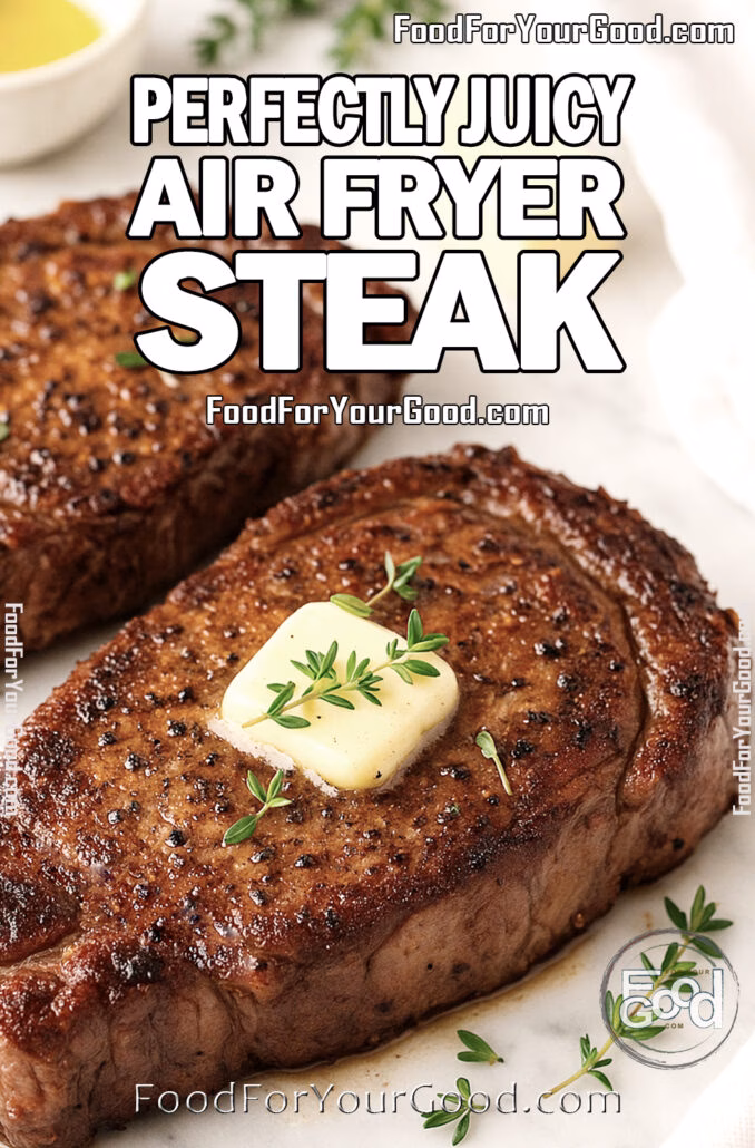 Perfectly Juicy Air Fryer Steak Perfectly Juicy Air Fryer Steak topped with melting butter and fresh thyme on FoodForYourGood.com
