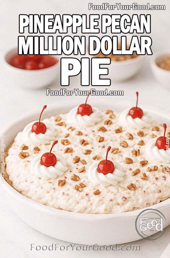 Pineapple Pecan Million Dollar Pie Homemade Pineapple Pecan Million Dollar Pie in a white ceramic dish on marble countertop, topped with whipped cream swirls, cherries, and pecans.