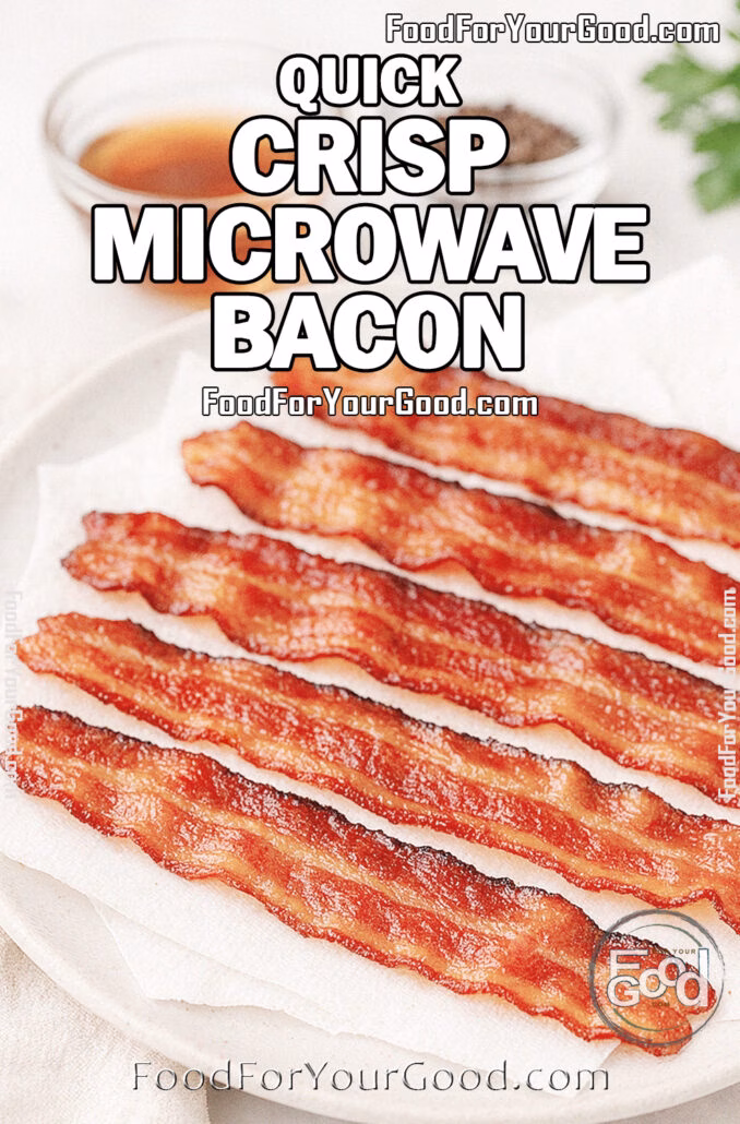 Quick Crisp Microwave Bacon Quick Crisp Microwave Bacon strips on a white plate with crisp golden-red edges, on marble background