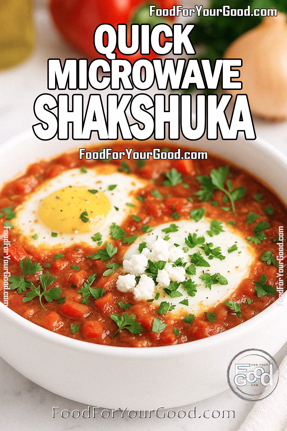 Quick Microwave Shakshuka Recipe | FoodForYourGood.com Quick Microwave Shakshuka in a white bowl topped with parsley and feta on marble countertop.