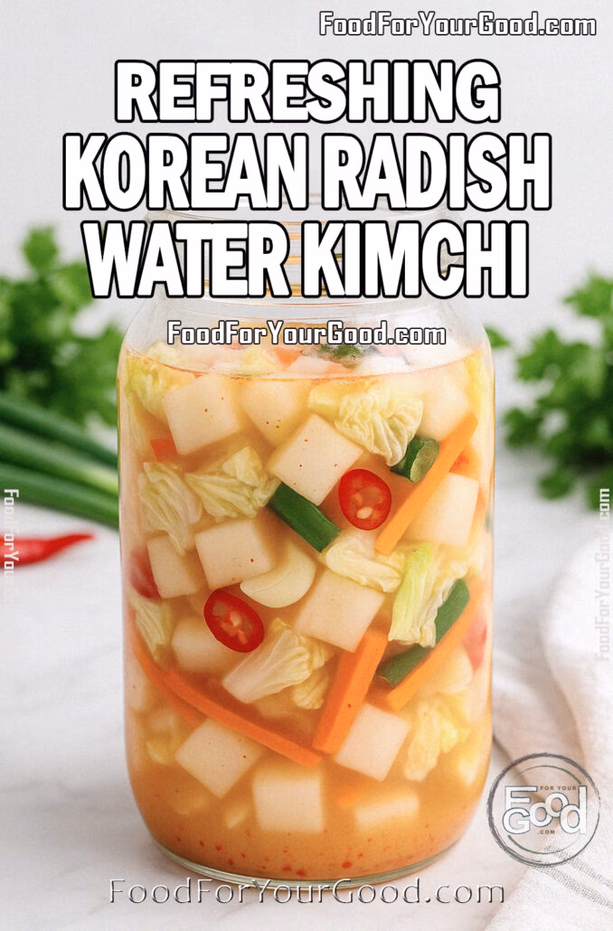 Refreshing Korean Radish Water Kimchi in a glass jar with crisp radish, napa cabbage, carrots, green onion, and chili in a clear brine, styled on a white marble background with fresh herbs and towel.