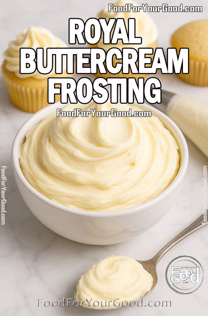 Royal Buttercream Frosting in a white bowl on a marble surface, with a spoonful of frosting in front and cupcakes in the background.