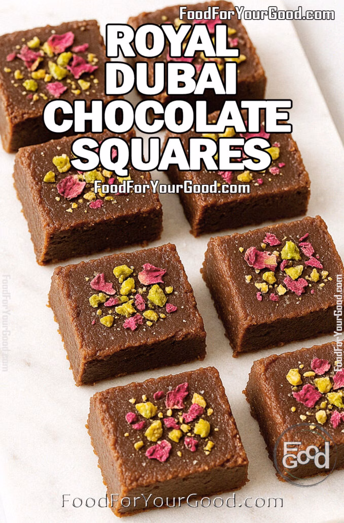 Homemade Royal Dubai Chocolate Squares topped with pistachios and rose petals on a marble tray