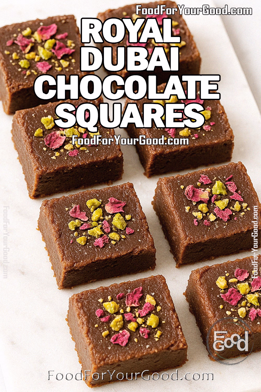 Homemade Royal Dubai Chocolate Squares topped with pistachios and rose petals on a marble tray