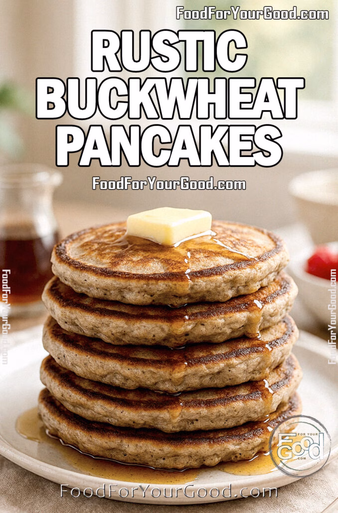 Rustic Buckwheat Pancakes stacked high on a white ceramic plate, topped with melting butter and maple syrup, styled with berries and syrup jar in the background.