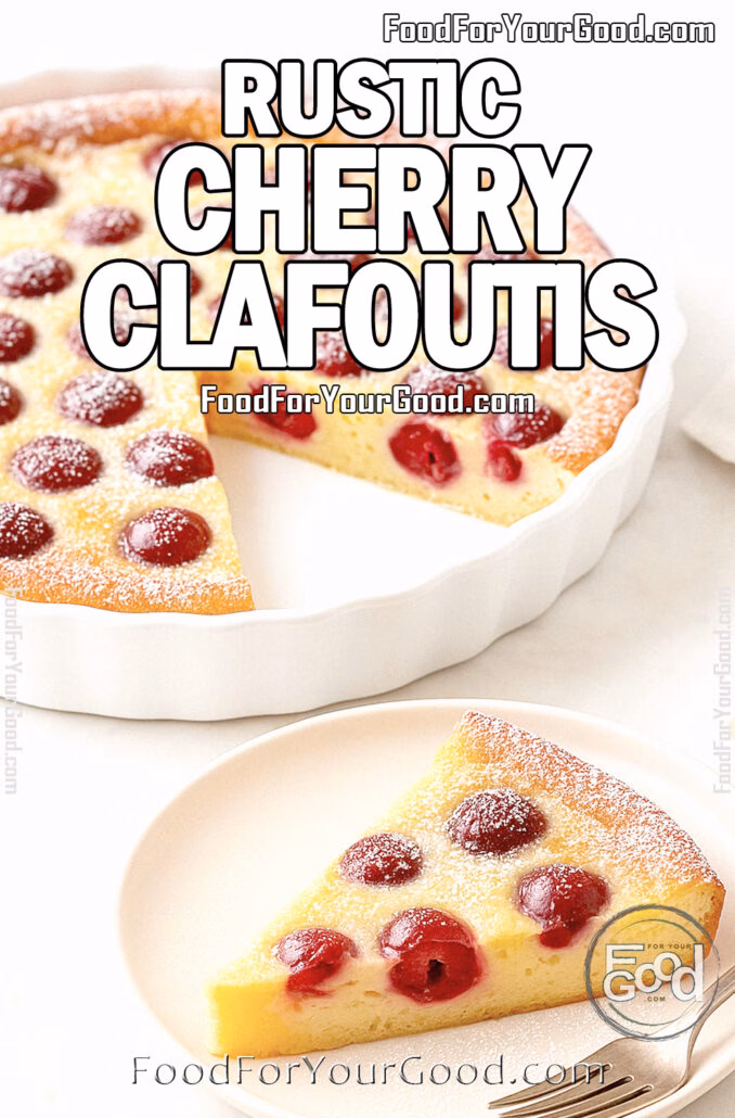 Rustic Cherry Clafoutis Rustic Cherry Clafoutis in a white fluted tart dish on a white marble background, with a slice served on a plate in front.
