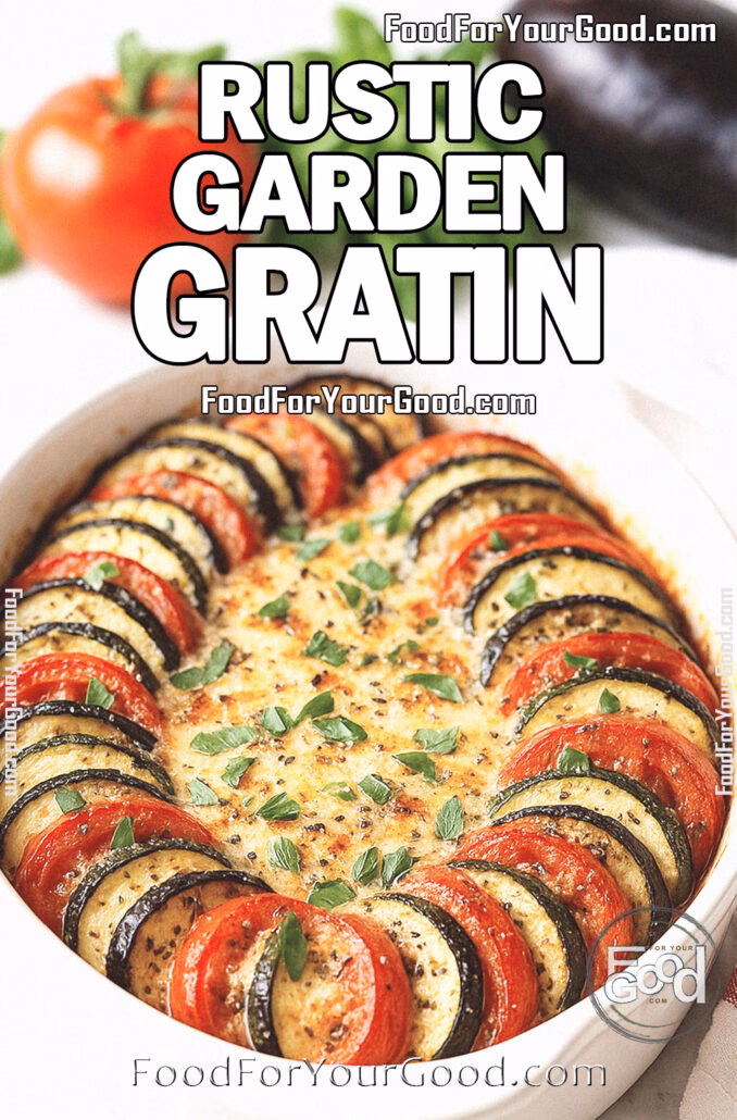 Rustic Summer Garden Gratin in a white ceramic dish with layers of zucchini, eggplant, and tomatoes topped with golden cheese and fresh basil, placed on a marble countertop with fresh vegetables and a white towel in the background.