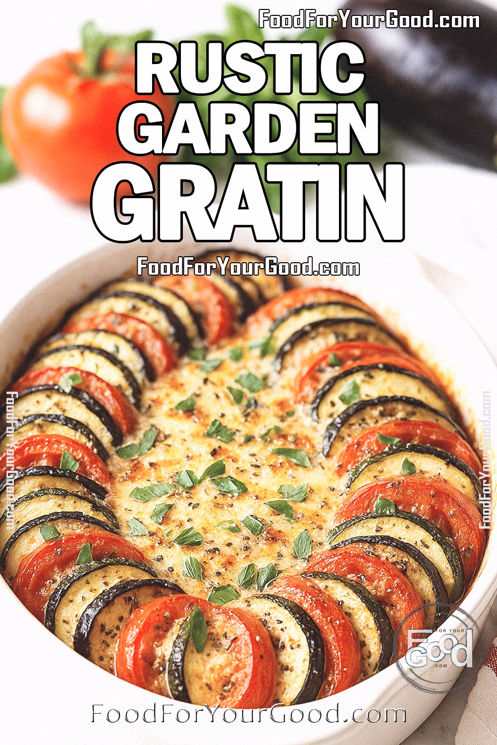 Rustic Garden Gratin in a white ceramic dish with layers of zucchini, eggplant, and tomatoes topped with golden cheese and fresh basil, placed on a marble countertop with fresh vegetables and a white towel in the background.