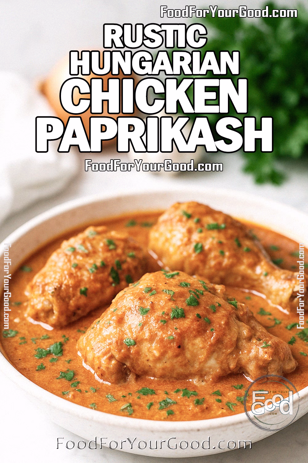 Rustic Hungarian Chicken Paprikash Recipe – FoodForYourGood.com Rustic Hungarian Chicken Paprikash served in a white bowl with creamy paprika sauce, garnished with fresh parsley on FoodForYourGood.com