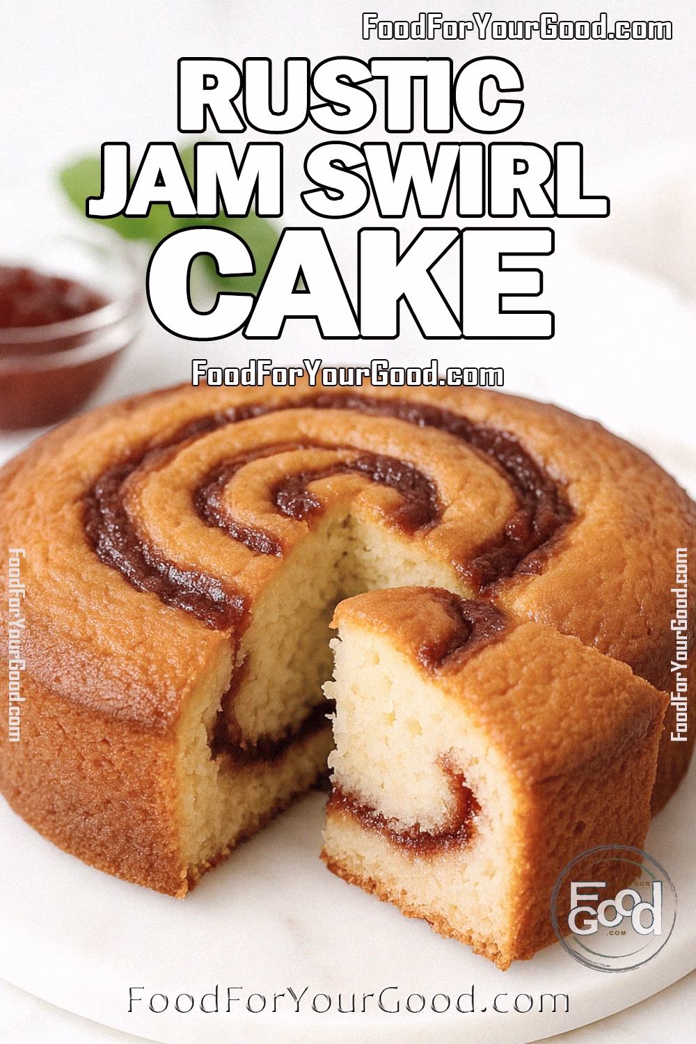 Rustic Jam Swirl Cake Recipe | FoodForYourGood.com Rustic Jam Swirl Cake on a round white marble board, with one slice cut to reveal golden moist crumb and jam swirls, styled with a bowl of jam, mint leaves, and a white towel in the softly blurred background.