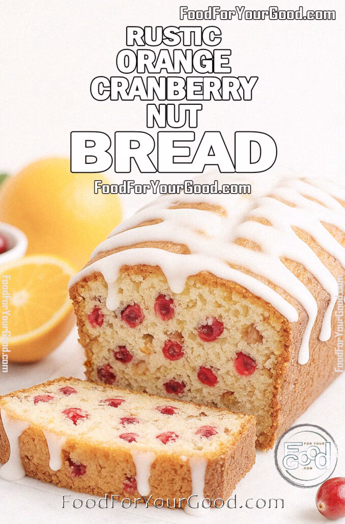 Rustic Orange Cranberry Nut Bread Rustic Orange Cranberry Nut Bread with powdered sugar glaze, sliced to show cranberries and walnuts on a white marble countertop.