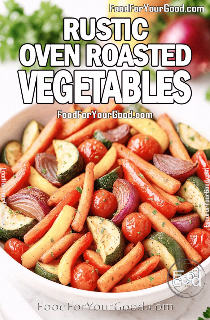 Rustic Oven Roasted Vegetables Rustic Oven Roasted Vegetables served in a white ceramic dish with zucchini, carrots, peppers, onion, and cherry tomatoes on FoodForYourGood.com