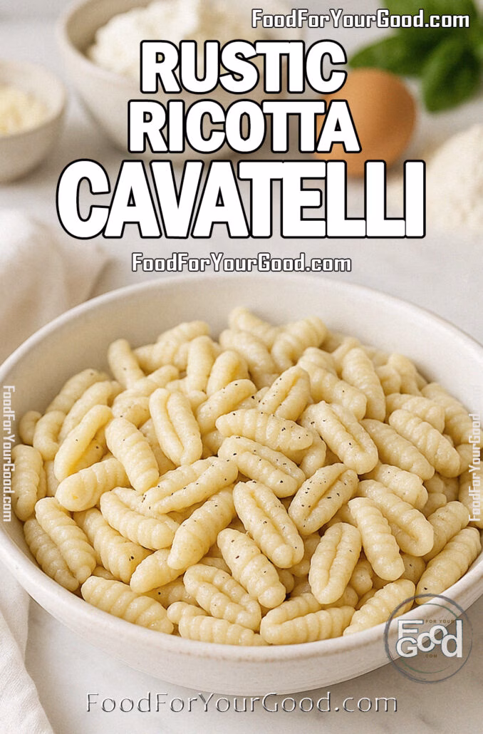 Rustic Ricotta Cavatelli Rustic Ricotta Cavatelli in a white ceramic bowl on a marble countertop, with fresh ricotta, egg, flour, Parmesan, and basil blurred in the background, alongside a folded white towel.