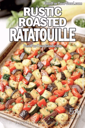 Rustic Roasted Ratatouille on a sheet pan with caramelized eggplant, zucchini, peppers, and squash on FoodForYourGood.com