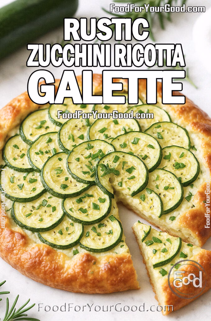Rustic Zucchini Ricotta Galette Rustic zucchini ricotta galette with golden flaky crust, layered zucchini slices, and fresh herbs on a white marble surface, photographed in bright daylight.