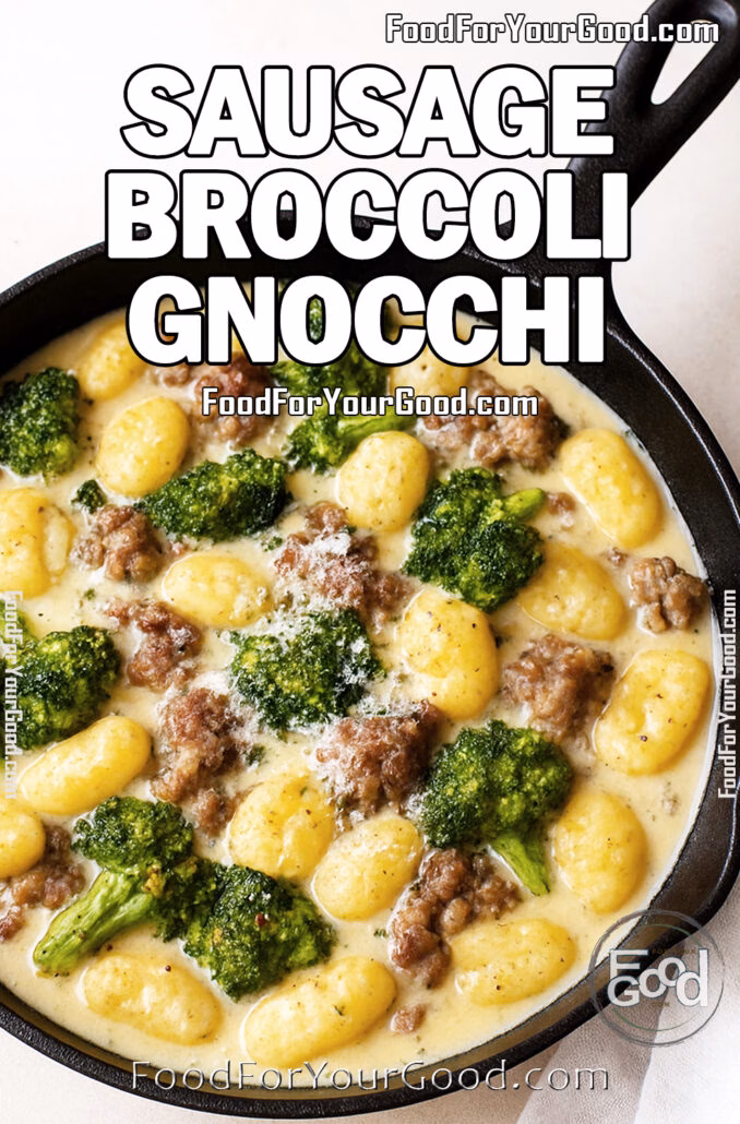 Sausage Broccoli Gnocchi with creamy Parmesan sauce in cast iron skillet