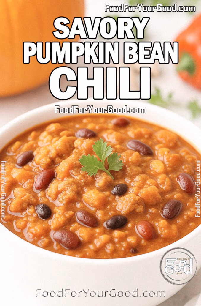 A cozy bowl of Savory Pumpkin Bean Chili with beans and pumpkin, garnished with fresh cilantro, served in a white bowl on a marble countertop.