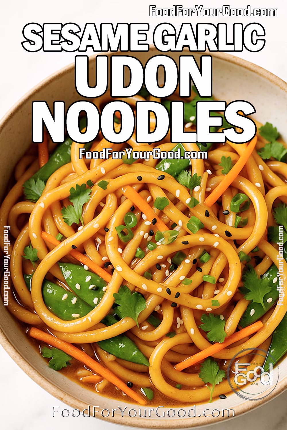 A bowl of sesame garlic udon noodles with carrots, snow peas, and fresh herbs on a white marble surface.