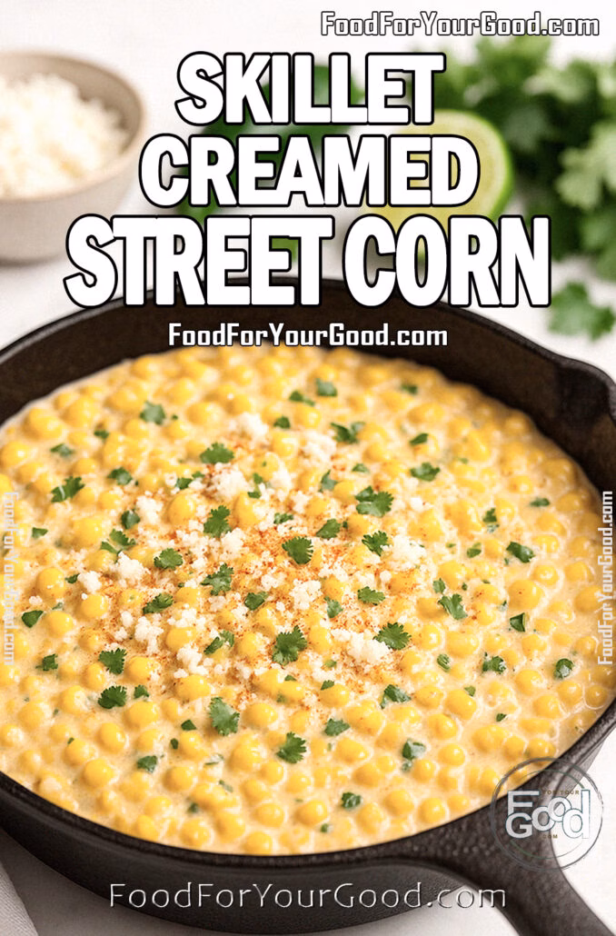 Skillet Creamed Street Corn Skillet filled with creamy Mexican-style street corn topped with cotija cheese, cilantro, and chili powder on a marble countertop.