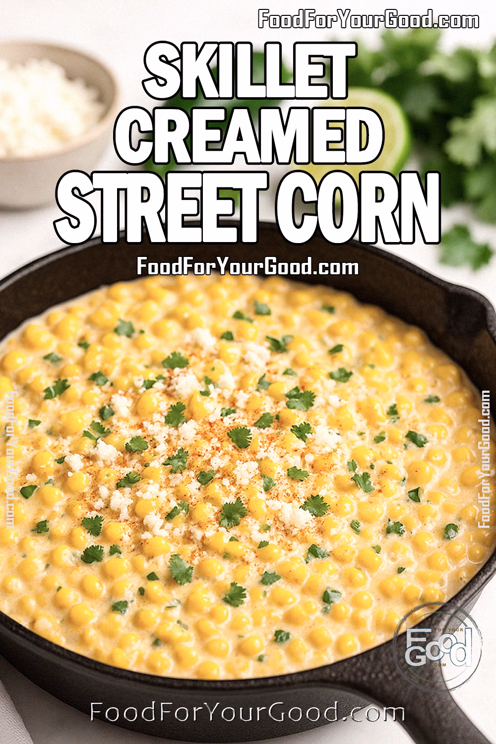 Skillet Creamed Street Corn Recipe – FoodForYourGood.com Skillet filled with creamy Mexican-style street corn topped with cotija cheese, cilantro, and chili powder on a marble countertop.