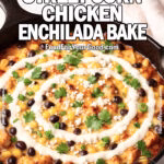 Skillet Street Corn Chicken Enchilada Bake with melted cheese, crema drizzle, cotija cheese, cilantro, and green onions on FoodForYourGood.com