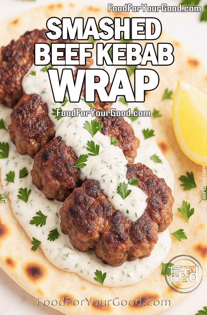 Smashed Beef Kebab Wrap Smashed Beef Kebab Wrap with cucumber yogurt sauce, juicy beef patties in warm flatbread with parsley and lemon on marble.