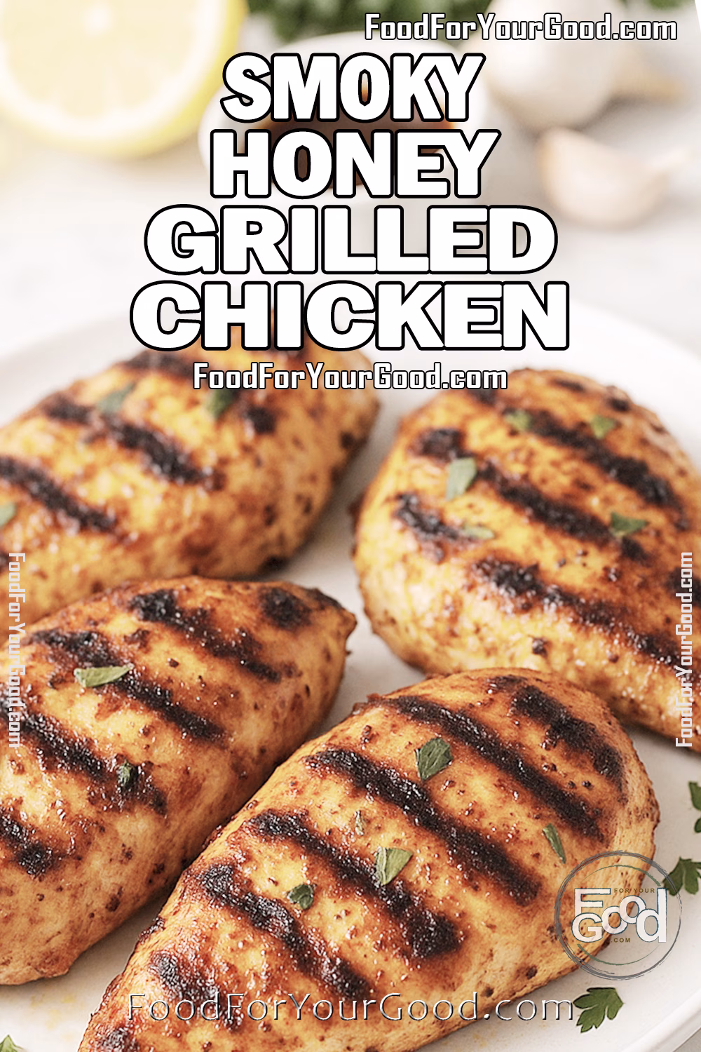 Smoky Honey Grilled Chicken Recipe – FoodForYourGood.com Smoky Honey Grilled Chicken on a white plate, garnished with parsley and photographed on a marble countertop with fresh herbs and garlic in the background.
