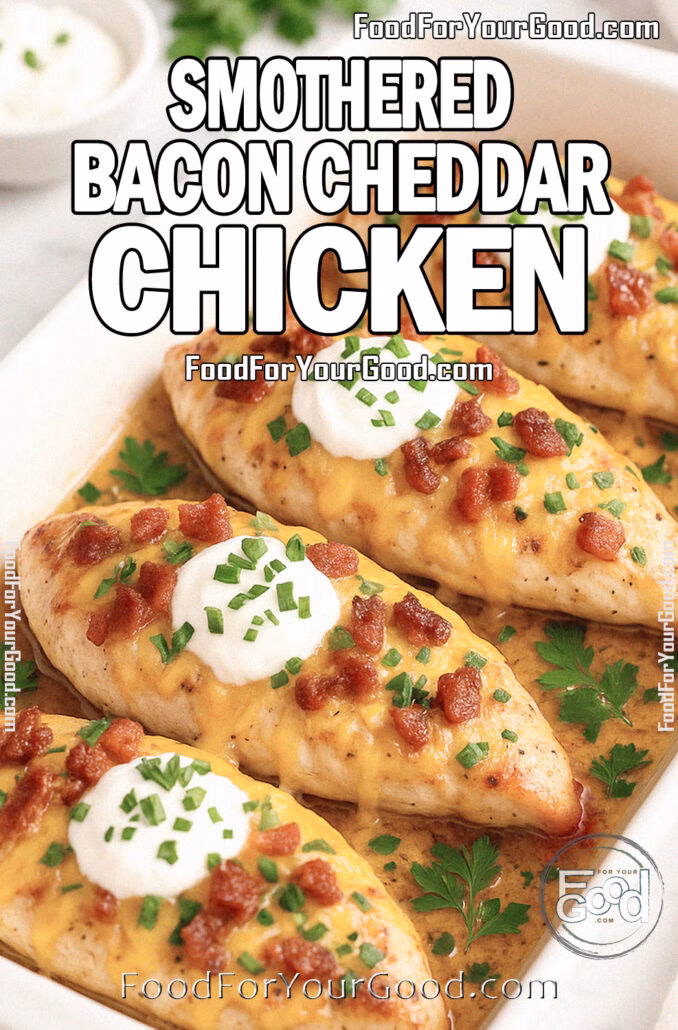 Smothered Bacon Cheddar Chicken Smothered Bacon Cheddar Chicken baked golden in a white dish, topped with melted cheese, crispy bacon, sour cream, and green onions on FoodForYourGood.com.