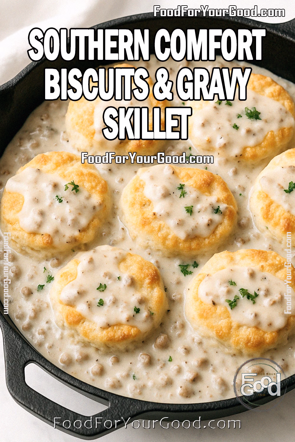 Southern Comfort Skillet Biscuits with Gravy - FoodForYourGood.com Southern Comfort Skillet Biscuits with golden biscuits drizzled in creamy sausage gravy inside a cast iron skillet, garnished with parsley, on a marble surface.