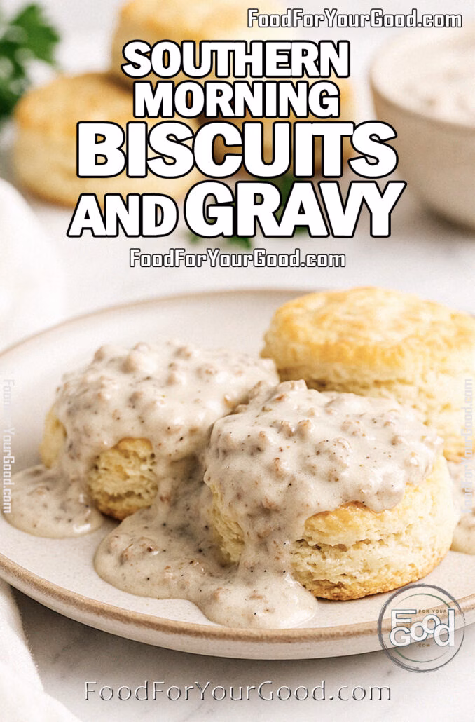 Southern Morning Biscuits and Gravy Southern Morning Biscuits Gravy served on a white plate with creamy sausage gravy over fluffy biscuits