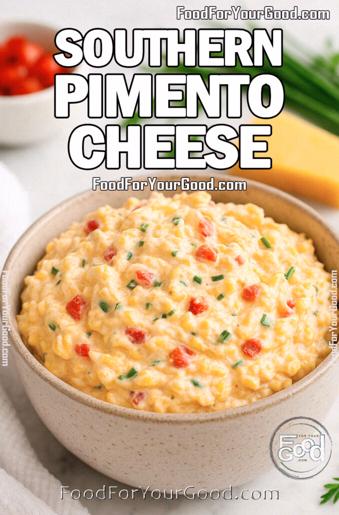 Southern Pimento Cheese A creamy bowl of Southern Pimento Cheese with vibrant red pimentos and fresh chives, served in a beige ceramic bowl on a white marble countertop with cheddar cheese and herbs in the background.