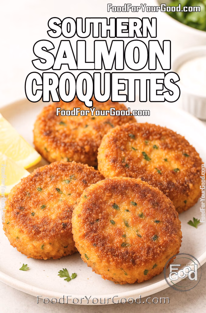 Four golden-brown Southern Salmon Croquettes on a white plate with lemon wedges and dipping sauce